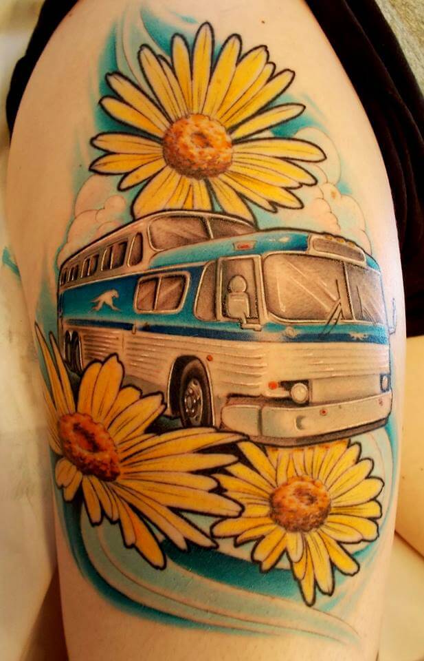 Retro bus and daisies